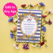  Elegante Bloemen Gestreepte Navy Blue Verjaardag Kaart