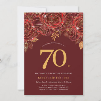 Elegante bloemen goud bordeauxrood 70ste verjaarda kaart
