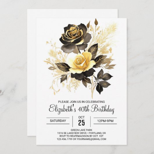 Elegante Bloemen Goud en Zwart 30ste Verjaardag Kaart (Voorkant / Achterkant)