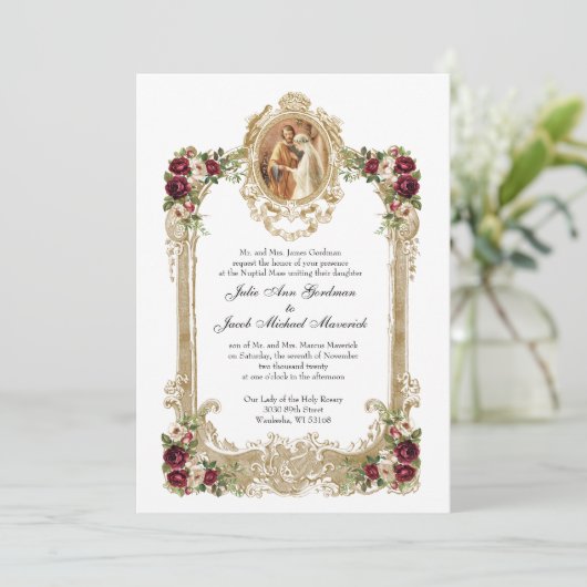 Elegante Bloemen & Goud Katholieke bruiloft Kaart (Staand voorkant)
