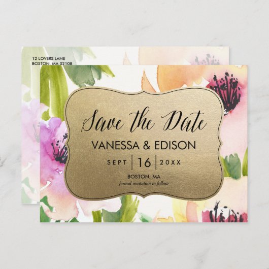 Elegante bloemen goud | Save the date Aankondigingskaart (Voorkant / Achterkant)