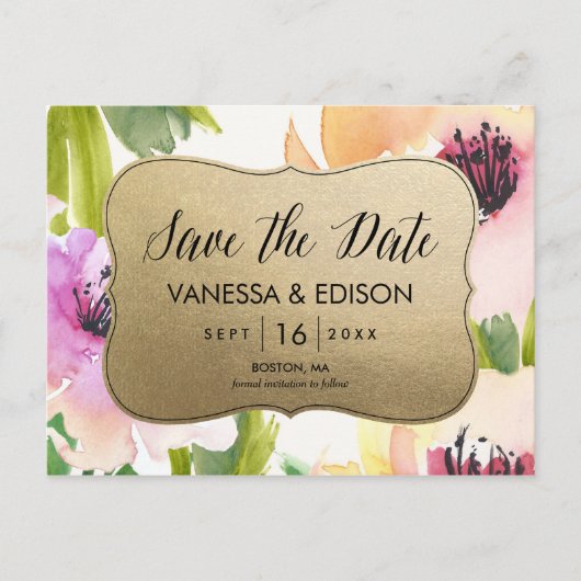 Elegante bloemen goud | Save the date Aankondigingskaart (Voorkant)