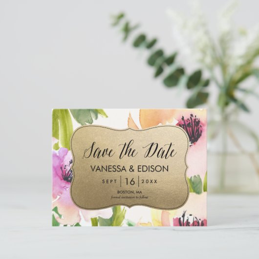 Elegante bloemen goud | Save the date Aankondigingskaart (Staand voorkant)