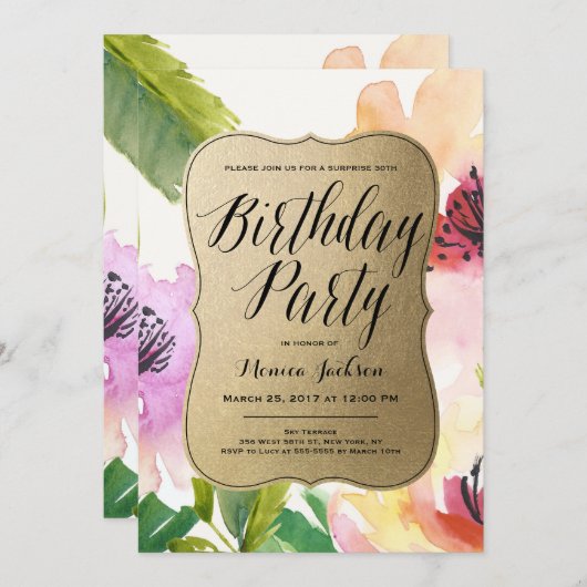 Elegante bloemen goud | Uitnodiging voor verjaarda (Voorkant / Achterkant)