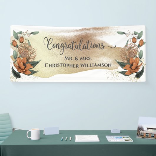 Elegante Bloemen Goud Wit Gefeliciteerd bruiloft Spandoek (Beurs)