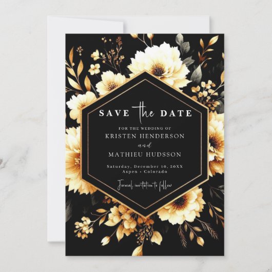 Elegante bloemen Gouden en Zwarte bruiloft Save The Date (Voorkant)