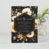 Elegante bloemen Gouden en Zwarte bruiloft Save The Date (Staand voorkant)