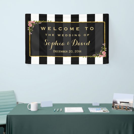 Elegante Bloemen Gouden Folie Trouwfeest Custom Spandoek (Beurs)