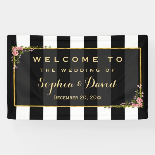 Elegante Bloemen Gouden Folie Trouwfeest Custom Spandoek (Horizontaal)