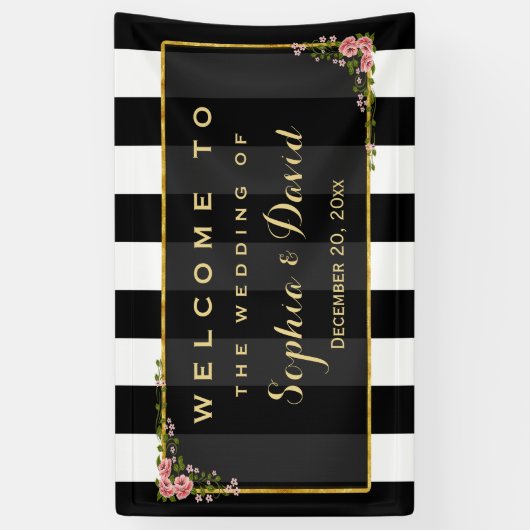 Elegante Bloemen Gouden Folie Trouwfeest Custom Spandoek (Verticaal)
