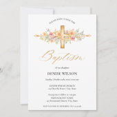 Elegante Bloemen Gouden Kruis Doopsel Kaart (Voorkant)