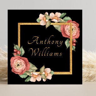 Elegante Bloemen Gouden Rand Typografie Vierkante Visitekaartje