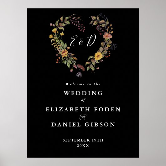 Elegante Bloemen Hart Huwelijk Welkom Teken Poster (Voorkant)