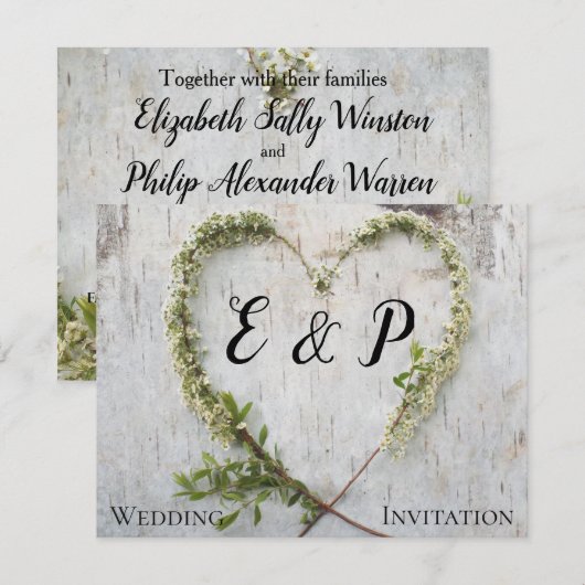 Elegante bloemen hart rustige berkenbast bruiloft (Voorkant / Achterkant)