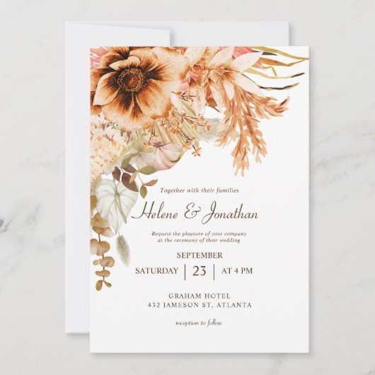 Elegante Bloemen Herfst Terracotta Bruiloft Kaart (Voorkant)