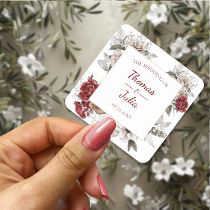 Elegante Bloemen Huwelijk Bourgogne & Zilver Vierkante Sticker