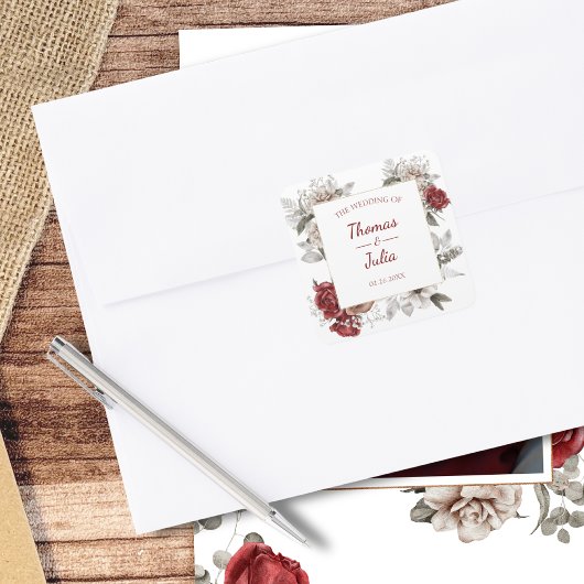 Elegante Bloemen Huwelijk Bourgogne & Zilver Vierkante Sticker