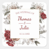 Elegante Bloemen Huwelijk Bourgogne & Zilver Vierkante Sticker (Voorkant)