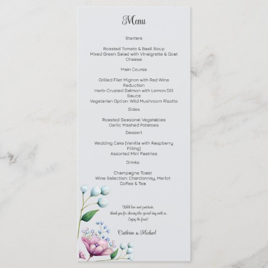 Elegante Bloemen Huwelijk Zachte Botanische Romanc Menu (Voorkant)