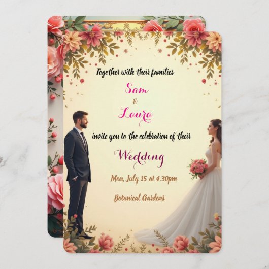 Elegante Bloemen Huwelijksuitnodiging - Custom Kaart (Voorkant / Achterkant)