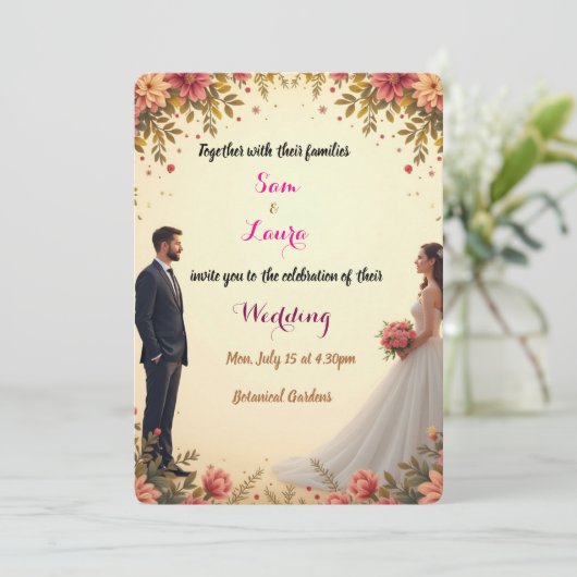 Elegante Bloemen Huwelijksuitnodiging - Custom Kaart (Staand voorkant)