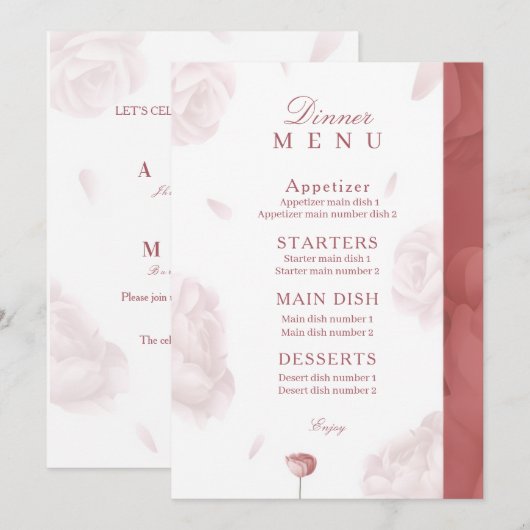 Elegante Bloemen Huwelijksuitnodiging & Diner Menu Kaart (Voorkant / Achterkant)