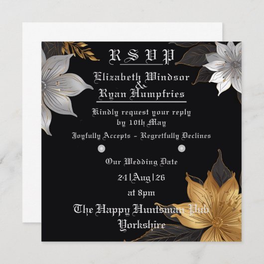 Elegante Bloemen Huwelijksuitnodiging Goud & Zilve Kaart (Voorkant / Achterkant)