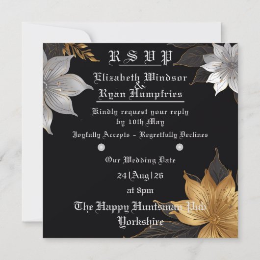 Elegante Bloemen Huwelijksuitnodiging Goud & Zilve Kaart (Voorkant)