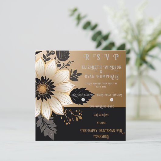 Elegante Bloemen Huwelijksuitnodiging Goud & Zilve Kaart (Staand voorkant)