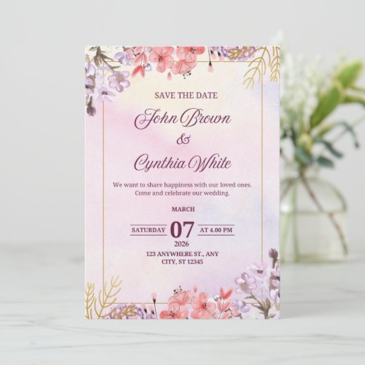  Elegante Bloemen Huwelijksuitnodiging Kaart (Staand voorkant)