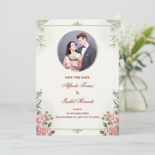 Elegante Bloemen Huwelijksuitnodiging met Foto Kaart (Staand voorkant)