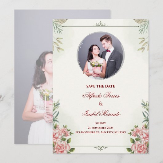 Elegante Bloemen Huwelijksuitnodiging met Foto Kaart (Voorkant / Achterkant)