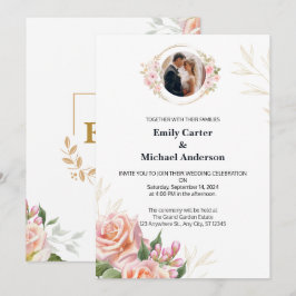Elegante Bloemen Huwelijksuitnodiging met Gouden A Kaart