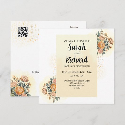 Elegante Bloemen Huwelijksuitnodiging met QR-code Kaart (Voorkant / Achterkant)