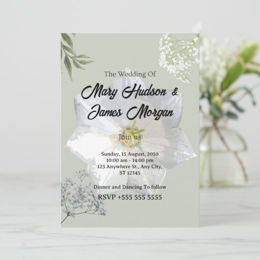 Elegante Bloemen Huwelijksuitnodiging met Witte Op Kaart (Staand voorkant)