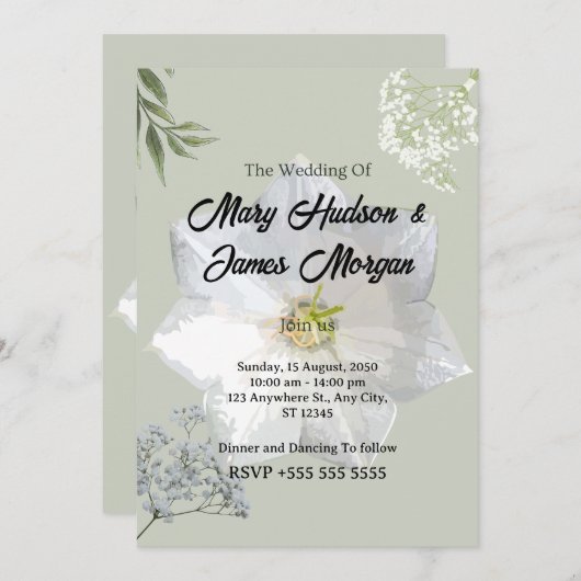 Elegante Bloemen Huwelijksuitnodiging met Witte Op Kaart (Voorkant / Achterkant)