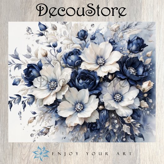 Elegante Bloemen in Blauw & Wit Decoupage Tissuepapier
