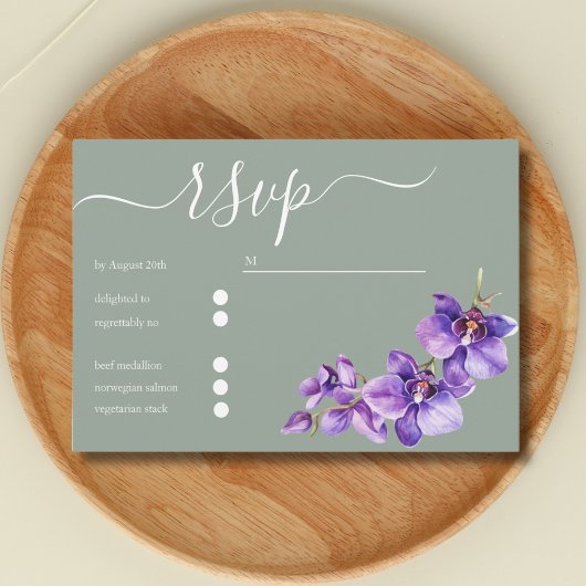 Elegante bloemen in Saga Green met script bruiloft RSVP Kaartje