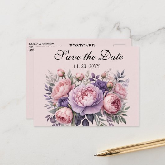 Elegante bloemen in zachte pastel Save the Date Briefkaart (Voorkant / Achterkant in situ)