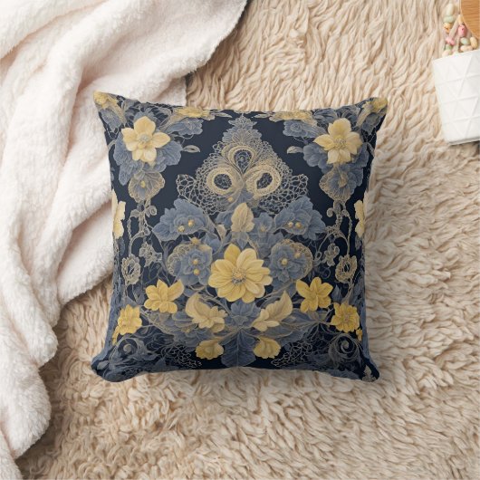 Elegante Bloemen Kant-Effect Geel en Blauw Kussen (Deken)