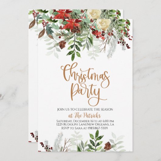 Elegante Bloemen Kerstfeest uitnodiging (Voorkant / Achterkant)