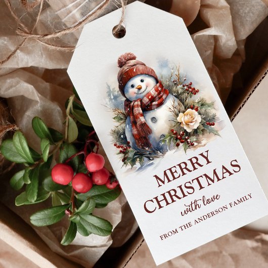 Elegante Bloemen Kerstmis Sneeuwman Cadeaulabel