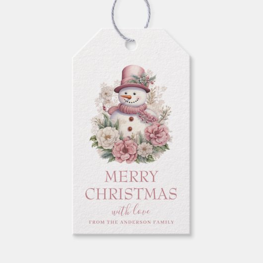 Elegante Bloemen Kerstmis Sneeuwman Cadeaulabel (Voorkant)