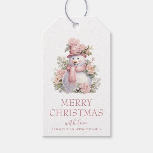 Elegante Bloemen Kerstmis Sneeuwman Cadeaulabel (Voorkant)