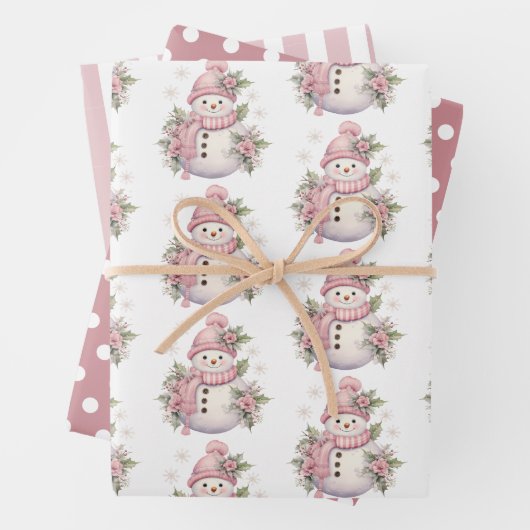 Elegante Bloemen Kerstmis Sneeuwman Inpakpapier Vel (In situ)