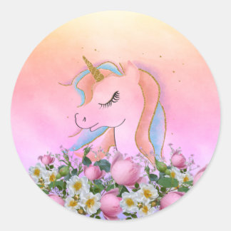 Elegante bloemen, kleurrijke, regenboog eenhoorn ronde sticker