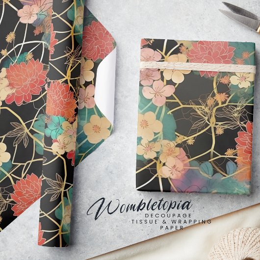 Elegante bloemen | Koraal & Mint Pioenrozen op zwa Cadeaupapier