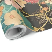 Elegante bloemen | Koraal & Mint Pioenrozen op zwa Cadeaupapier (Rol Hoek)