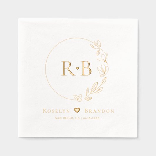 Elegante Bloemen Krans bruiloft Monogram Custom Folie Servetten (Voorkant)