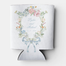 Elegante Bloemen Krans Crest Monogram Huwelijk Blikjeskoeler